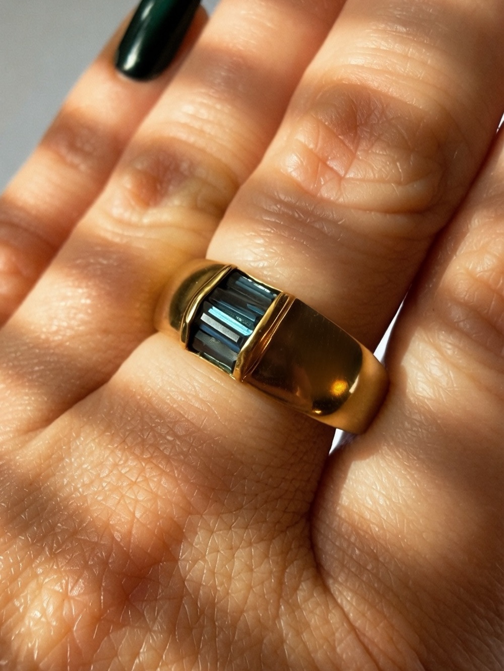 Vintage Camille Lucie Gold Tone Blue Baguette Statement Ring Size 7.75